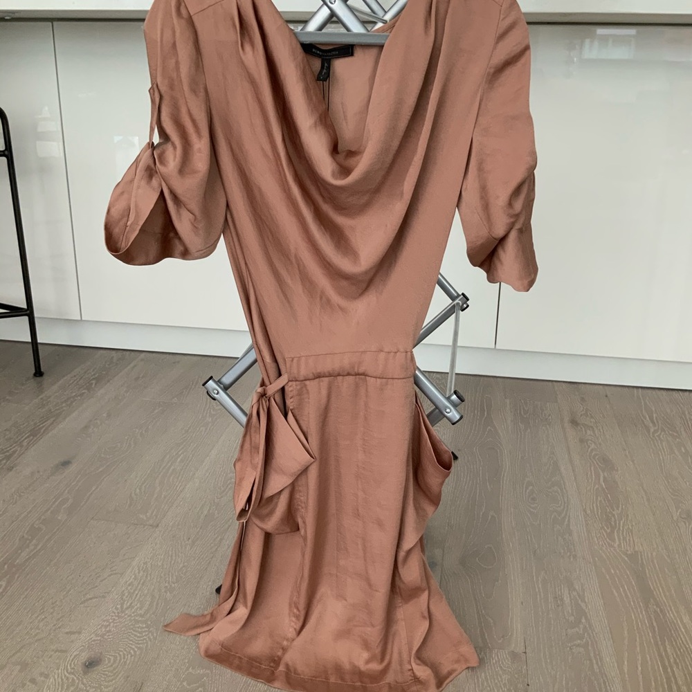 BCBG silky bronze draped short sleeve dress